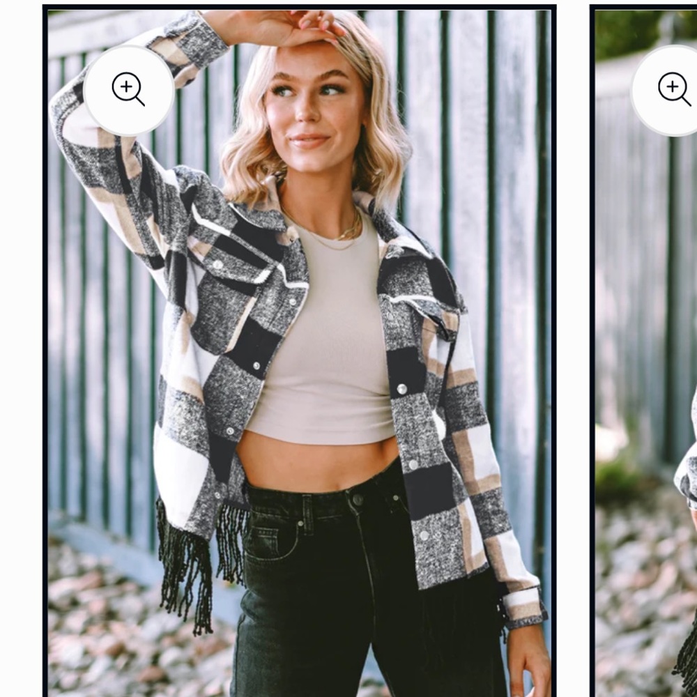 Black Plaid Snap Button Pocket Fringed Hem Jacket